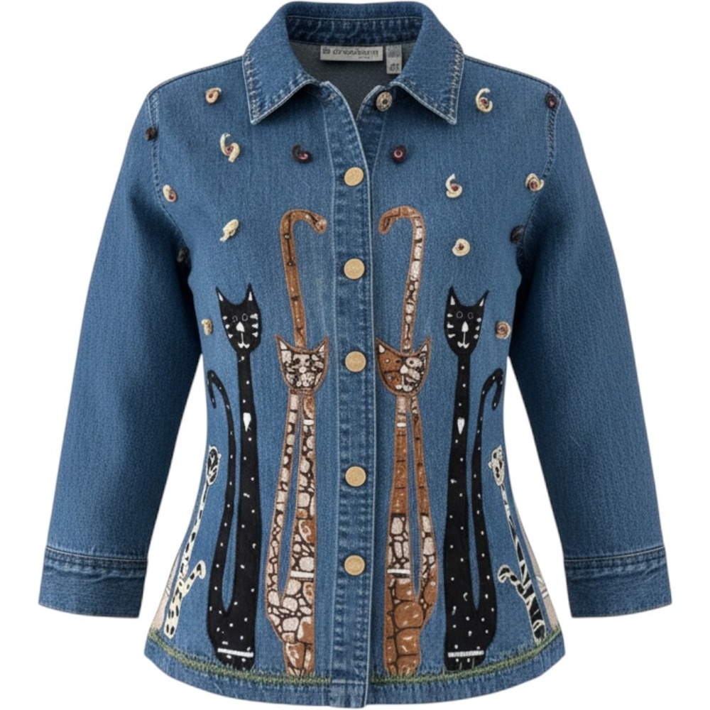 Vintage Dressbarn Cat Appliqué Denim Shirt Jacket 1X Whimsical Cat Lady